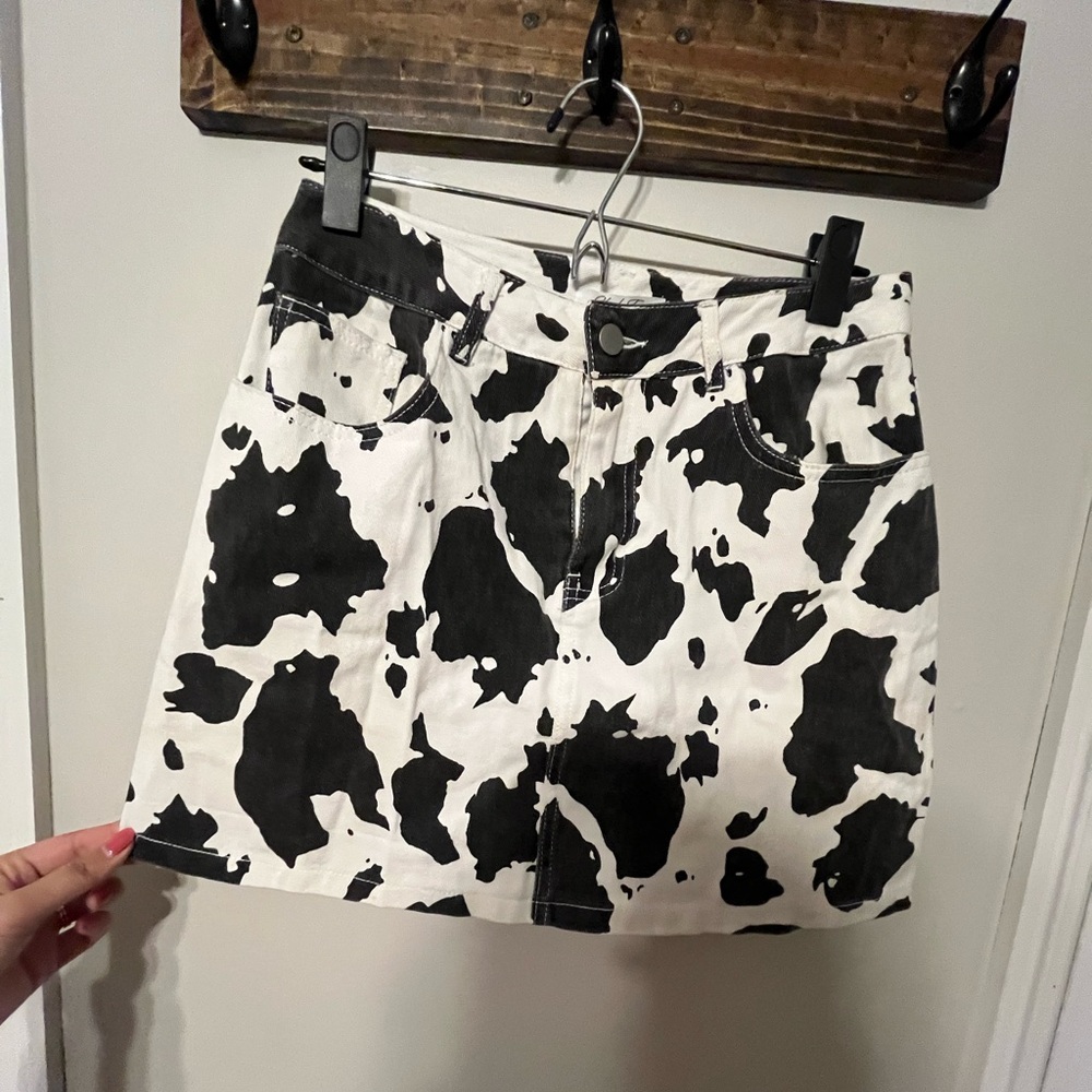 Cow print jean skirt